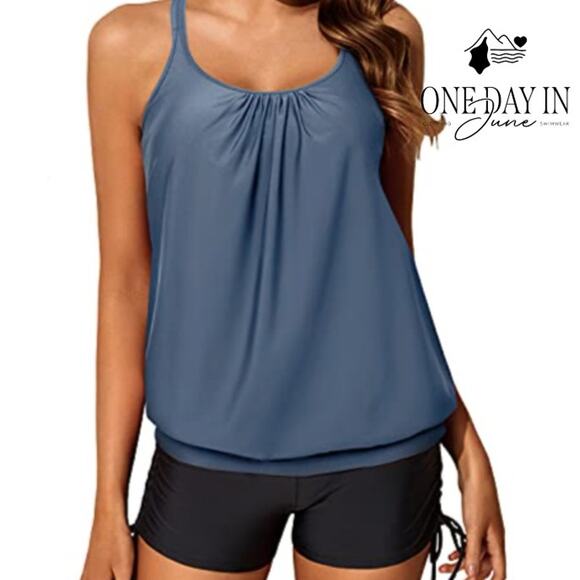 Yonique Blouson Drawstring Boy Short Tankini Swimsuit Size L - Picture 1 of 7